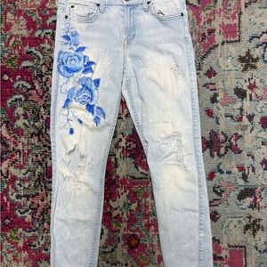 7 For All Mankind Light Blue Jeans with Hand Painted Blue Roses